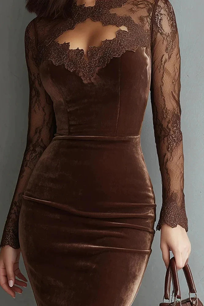 Lace Hollow Out See-Through Sleeve Slim High Waist Midi Dress
