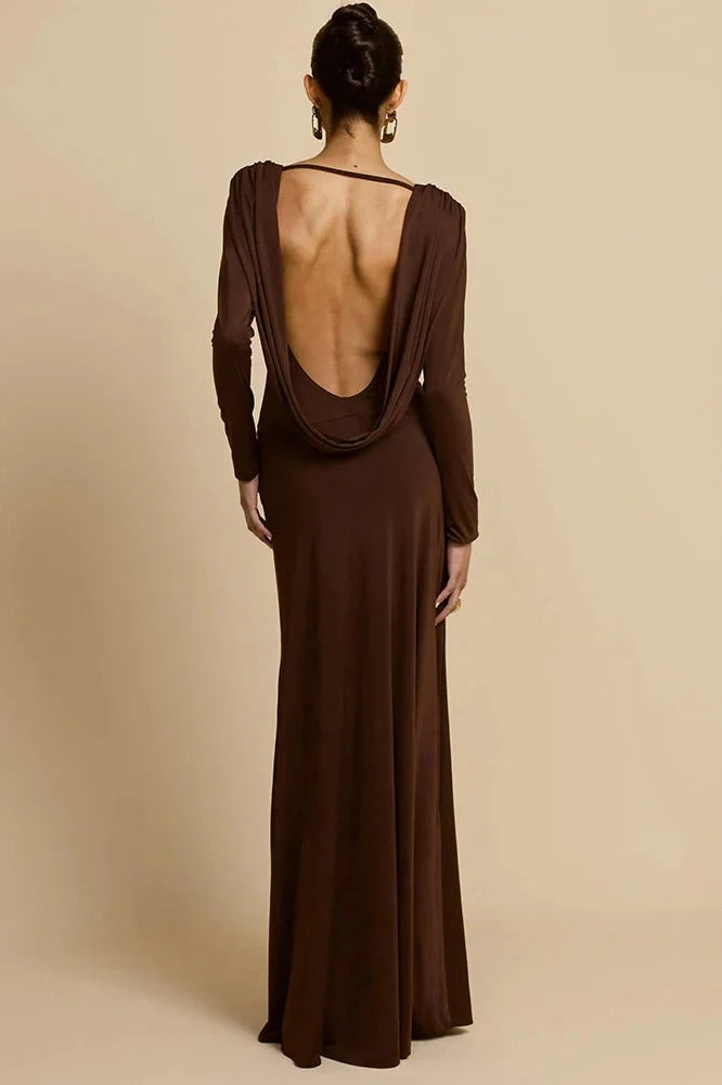 Deep V Neck Backless Long Sleeve High Waist Maxi Dress