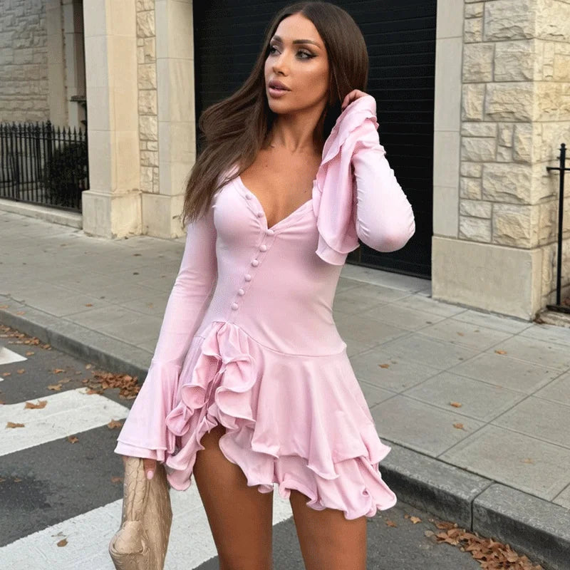 Elegant V-Neck Button Patchwork Mini Dress