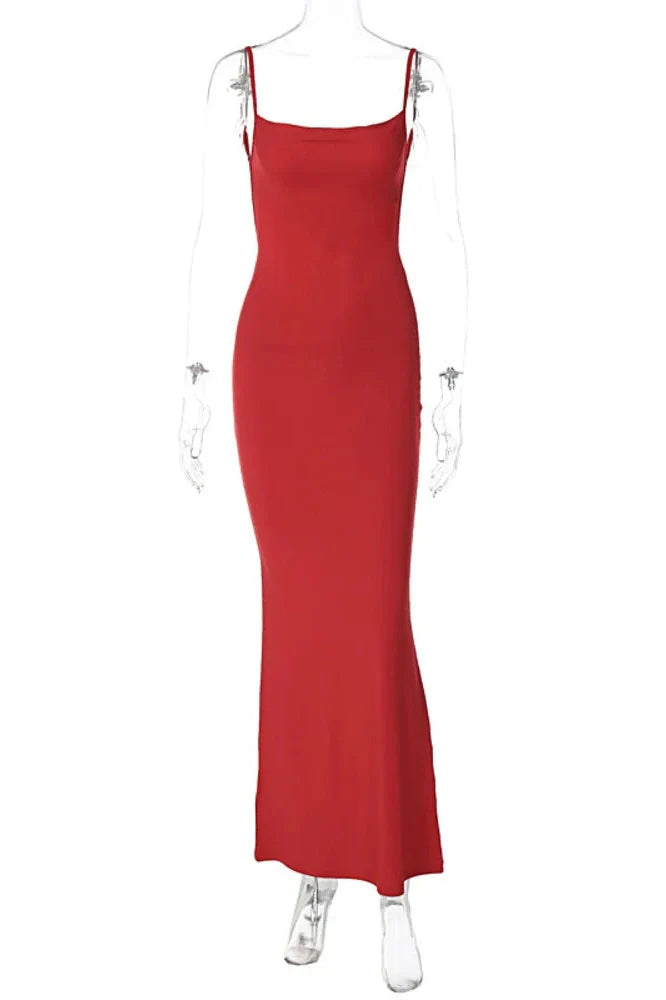 Spaghetti Strap Sleeveless Backless Bodycon Maxi Dress