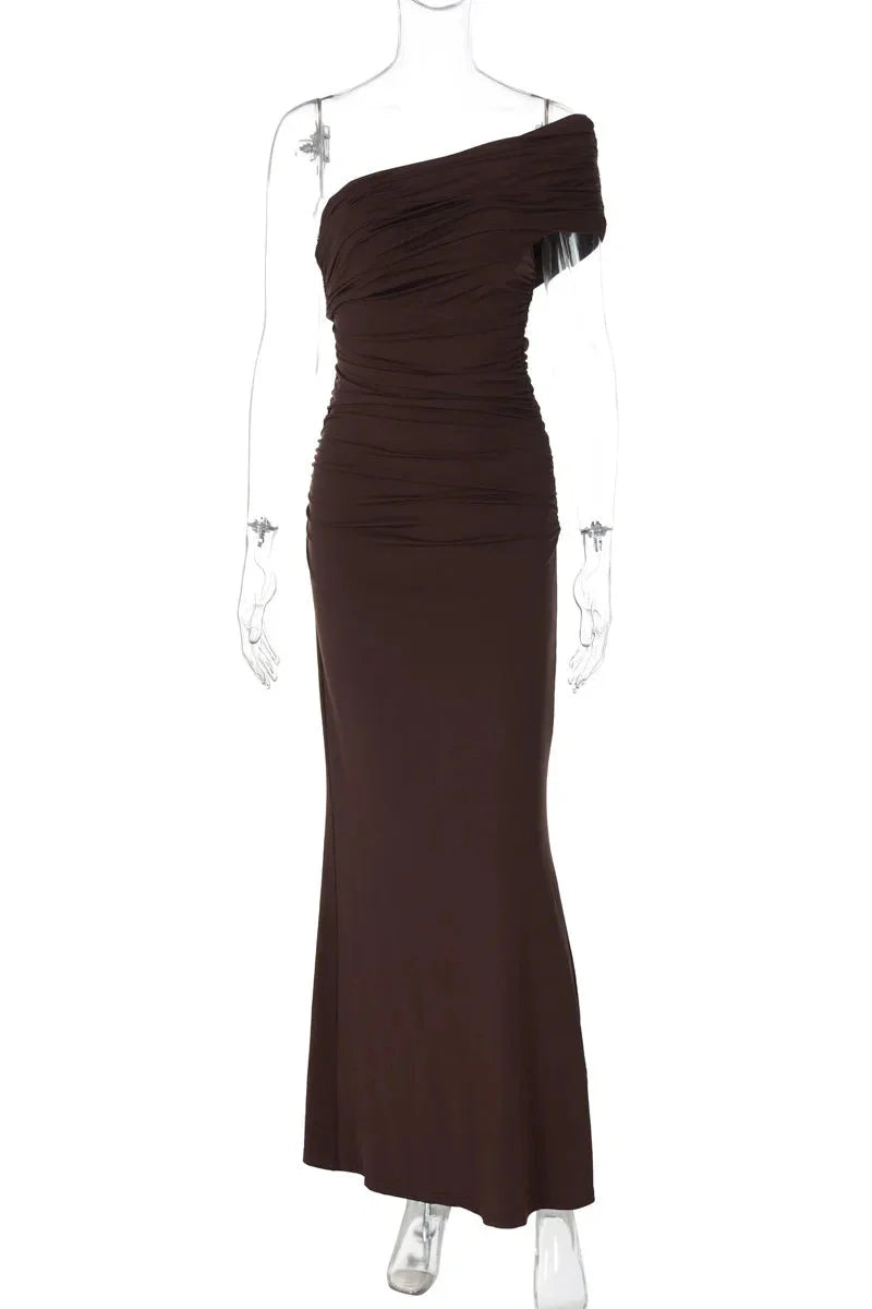 Oblique Shoulder Split Sleeveless Slim Fit Maxi Dress