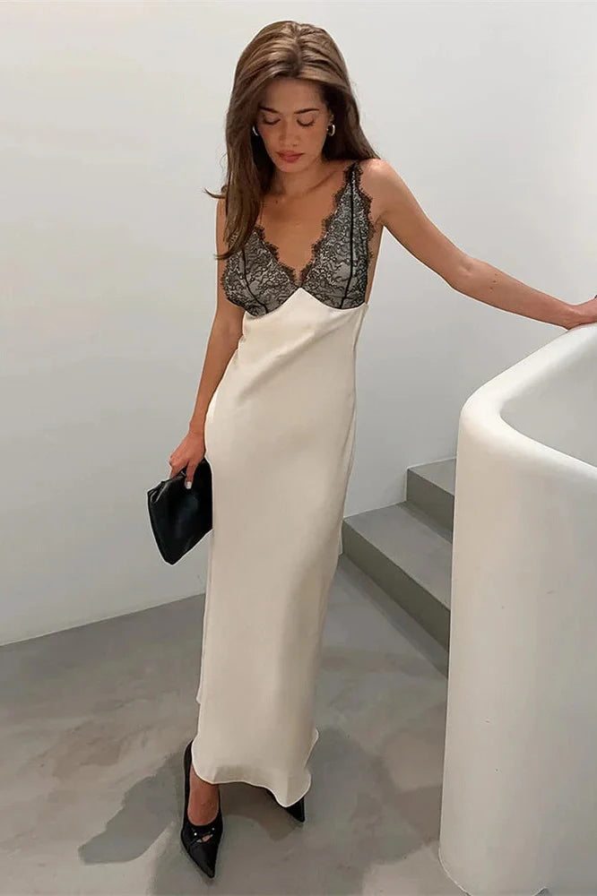 Lace V-Neck Printed Patchwork Slim Maxi Dress