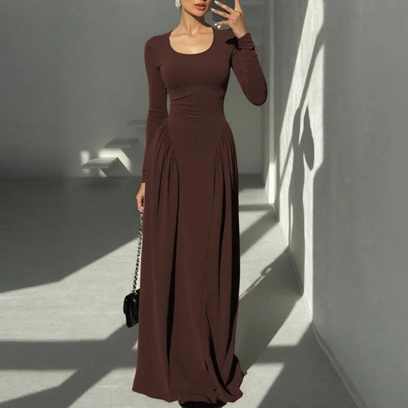 Elegant Square Neck Patchwork Long Sleeve Maxi Dress