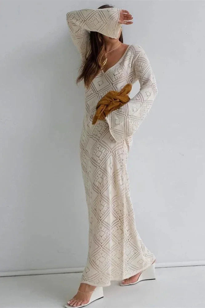 See-Through Loose Flared Sleeve Backless V-Neck Maxi Dress