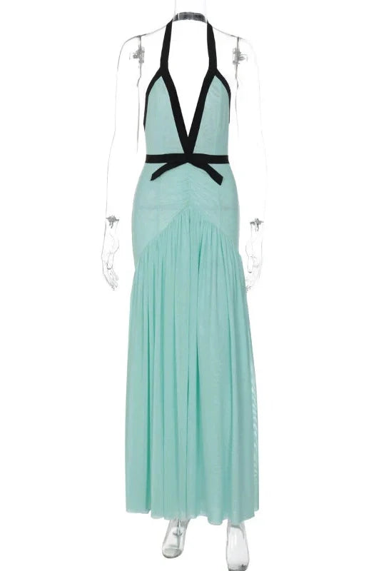 Elegant Mesh Pleated Backless V-Neck Maxi Dress