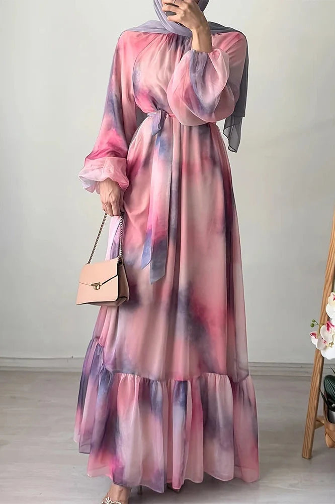 Pleated O-Neck High Waist Lace Print Long Sleeve Maxi Dress