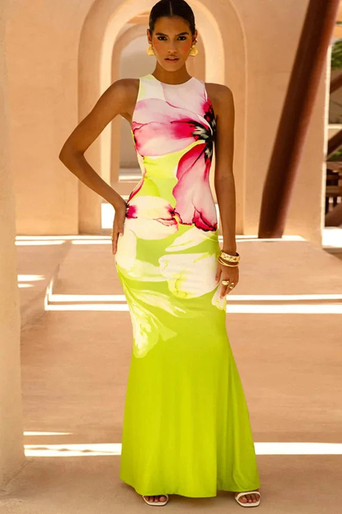 Printed Sleeveless O Neck Bodycon Maxi Dress
