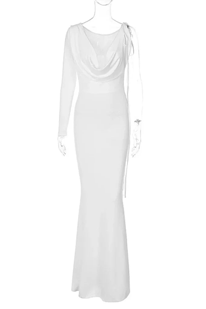 Elegant V Neck One Sleeve Lace-up Backless Maxi Dress