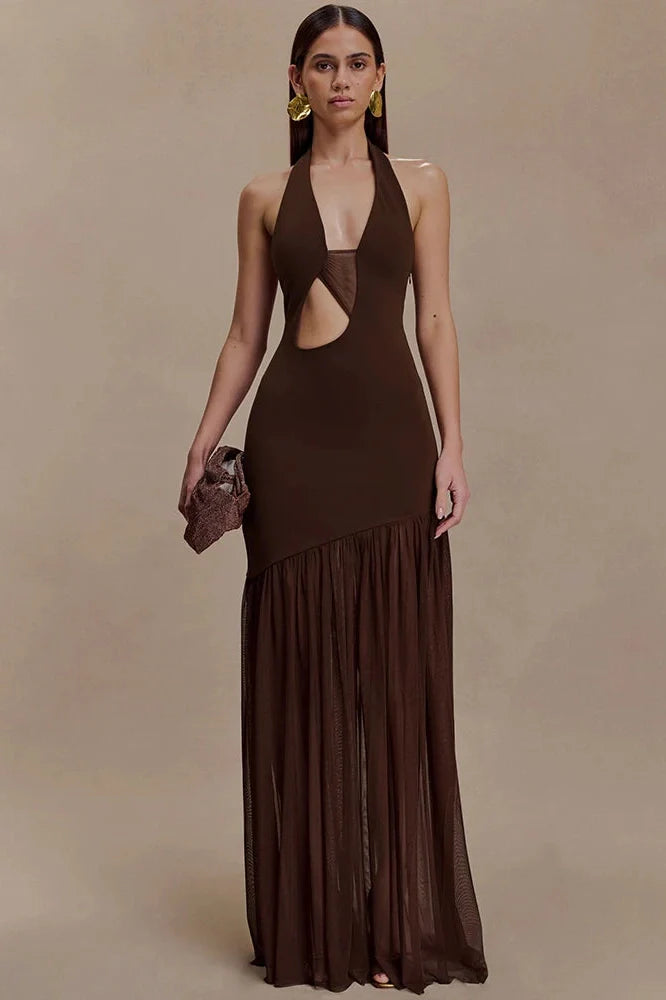 Hollow Out Backless Patchwork V Neck Sleeveless Bodycon Maxi Dress