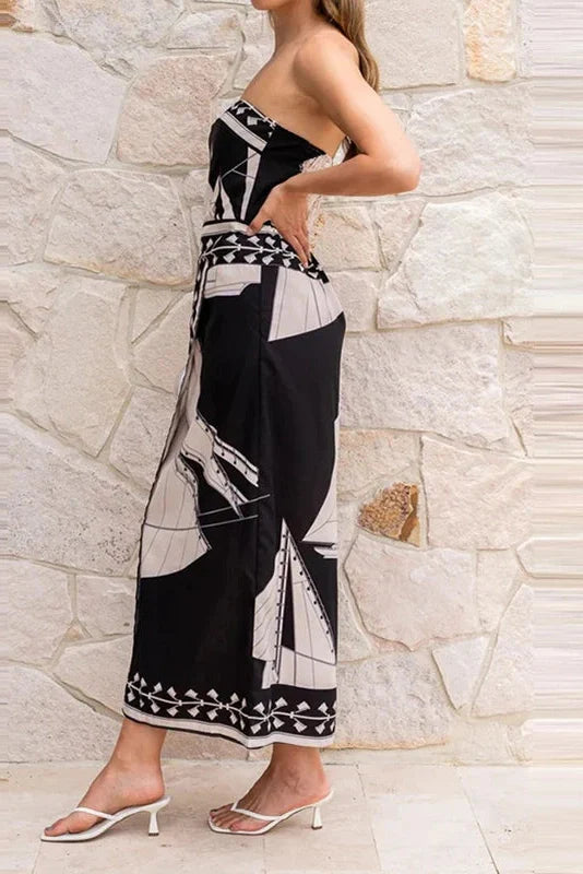 Sleeveless Printed Off-Shoulder Irregular Midi Dress