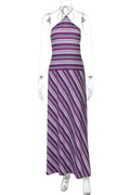 Striped Printed Off-Shoulder Sleeveless Lace-Up Patchwork Maxi Dress