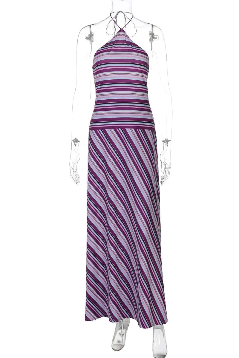 Striped Printed Off-Shoulder Sleeveless Lace-Up Patchwork Maxi Dress