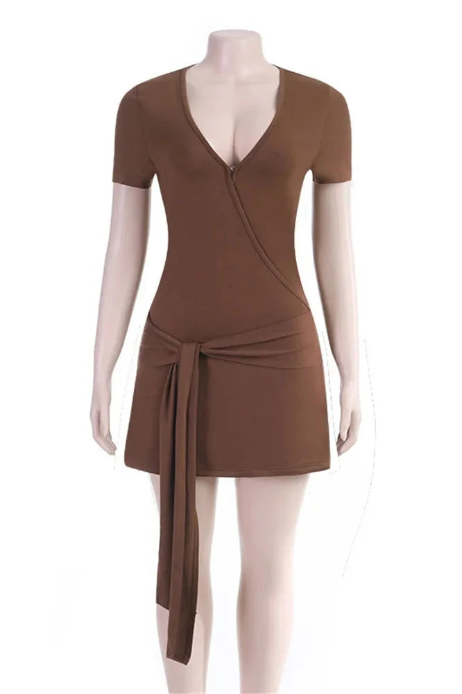 Lace-Up V-Neck Short Sleeve Loose Patchwork Mini Dress