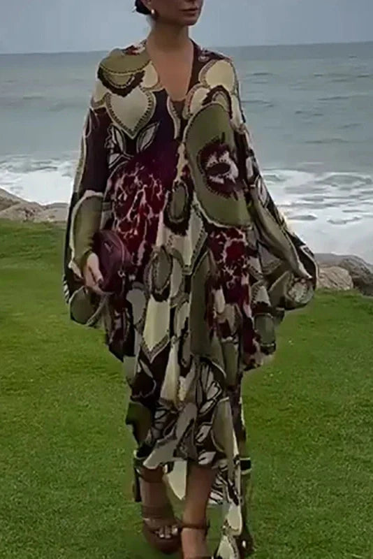 Sleeves Loose Pleated High Waist Printed V-Neck Maxi Dress