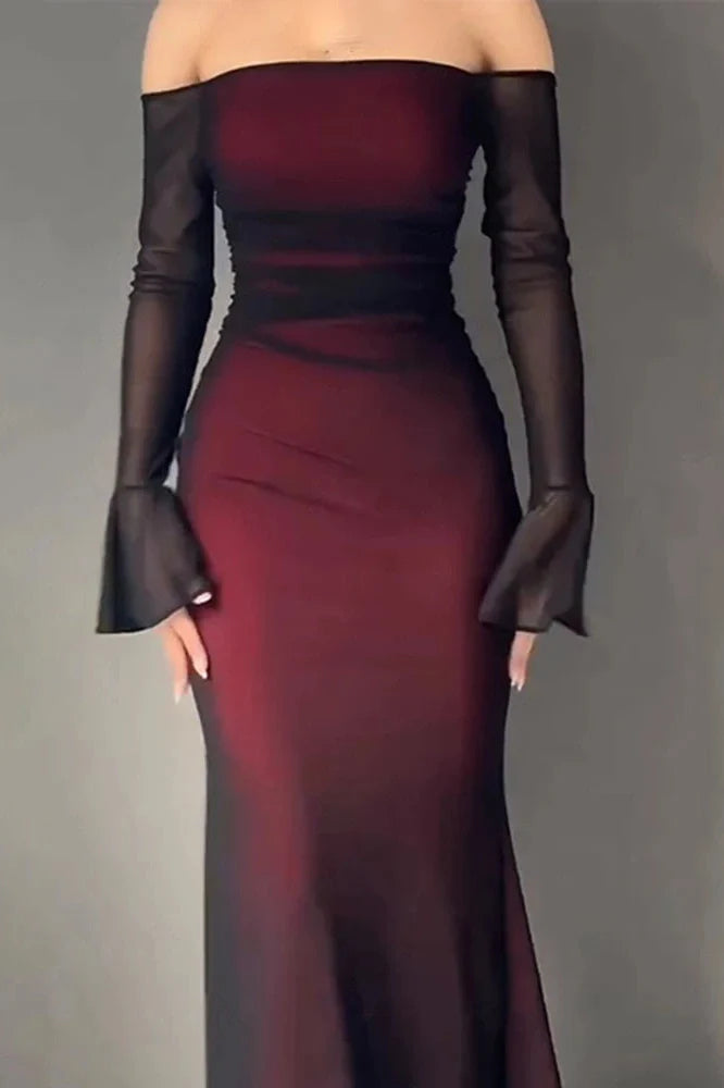 Printed Slim Long Sleeve Off Shoulder High Waist Maxi Dress