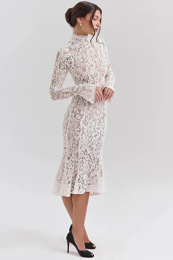 Lace Long Sleeve High Waist Bodycon Midi Dress