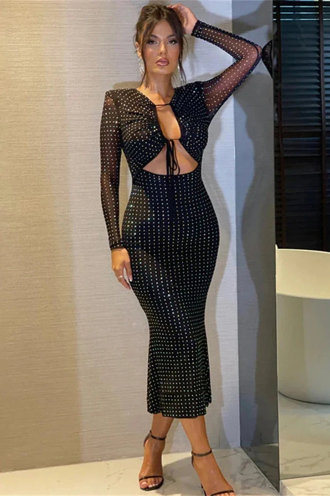Hollow Out Lace-Up High Waist Patchwork Midi Dress