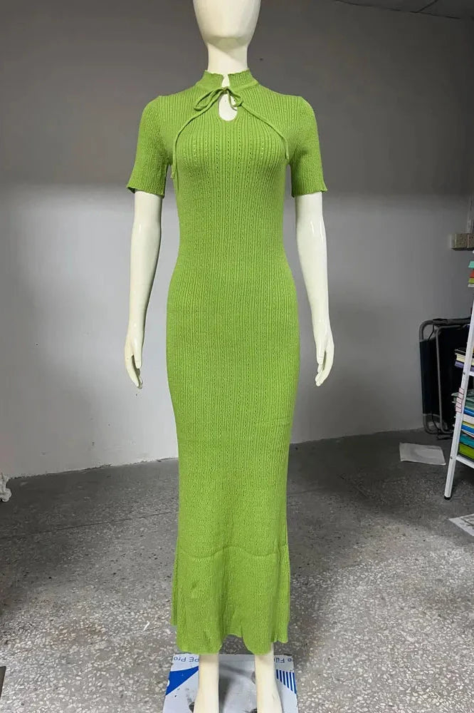 Hollow Out Lace-Up Short Sleeve Patchwork High Waist Maxi Dress
