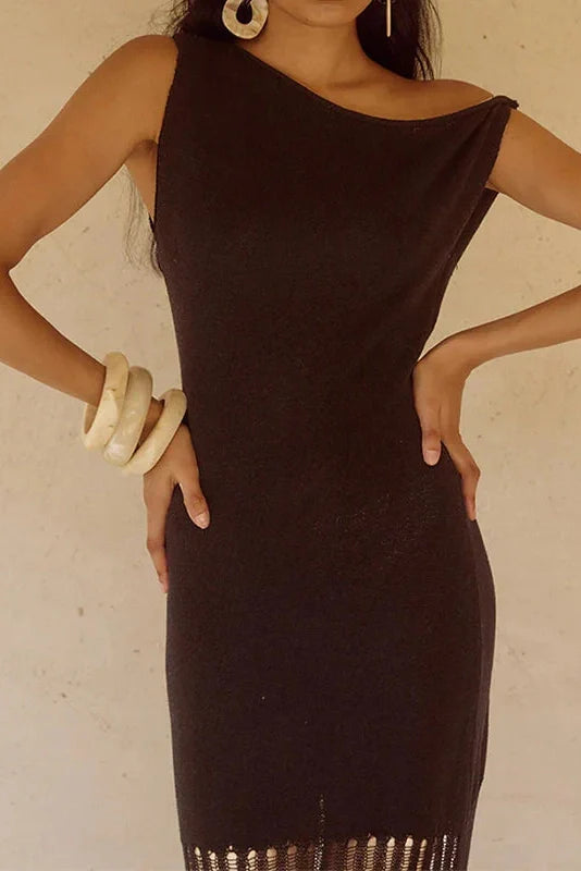 Knitted Slash Collar High Waist Slim Maxi Dress