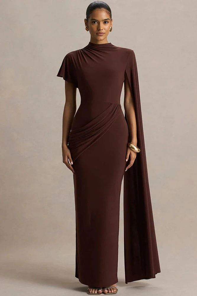 One Cape Sleeve O Neck High Collar High Waist Maxi Dress