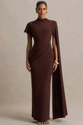 One Cape Sleeve O Neck High Collar High Waist Maxi Dress