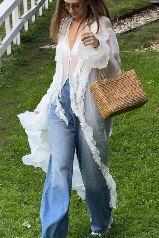 Long-Sleeved Single-Breasted Maxi Dress