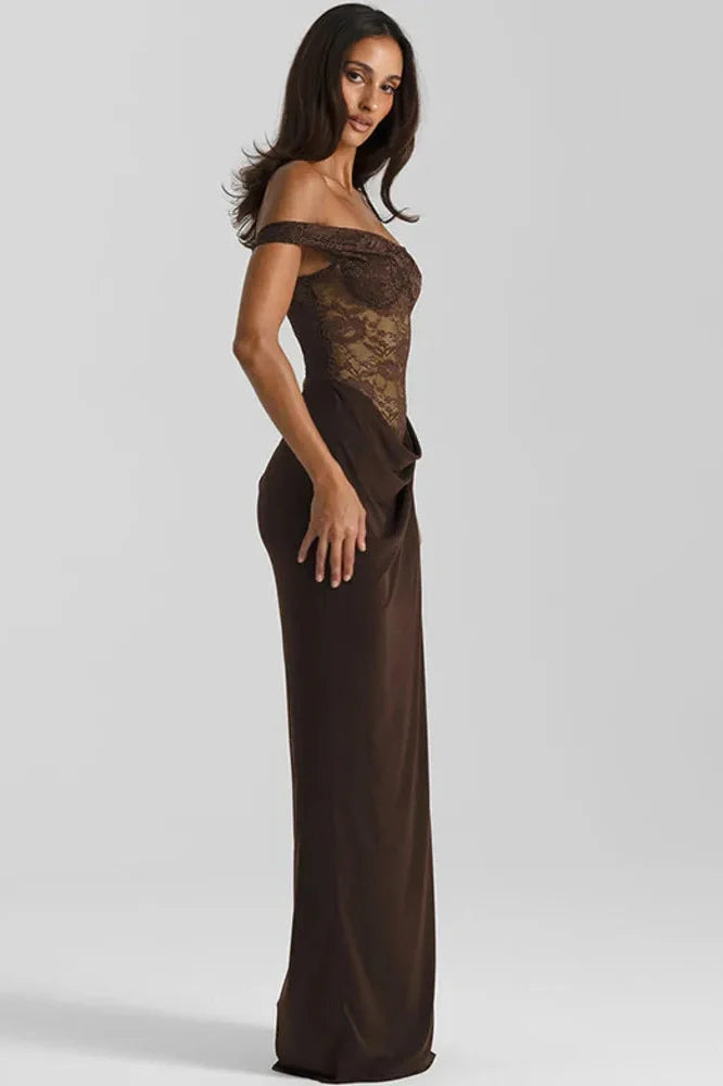 Off-Shoulder Lace See Through Sleeveless Backless Maxi Dress