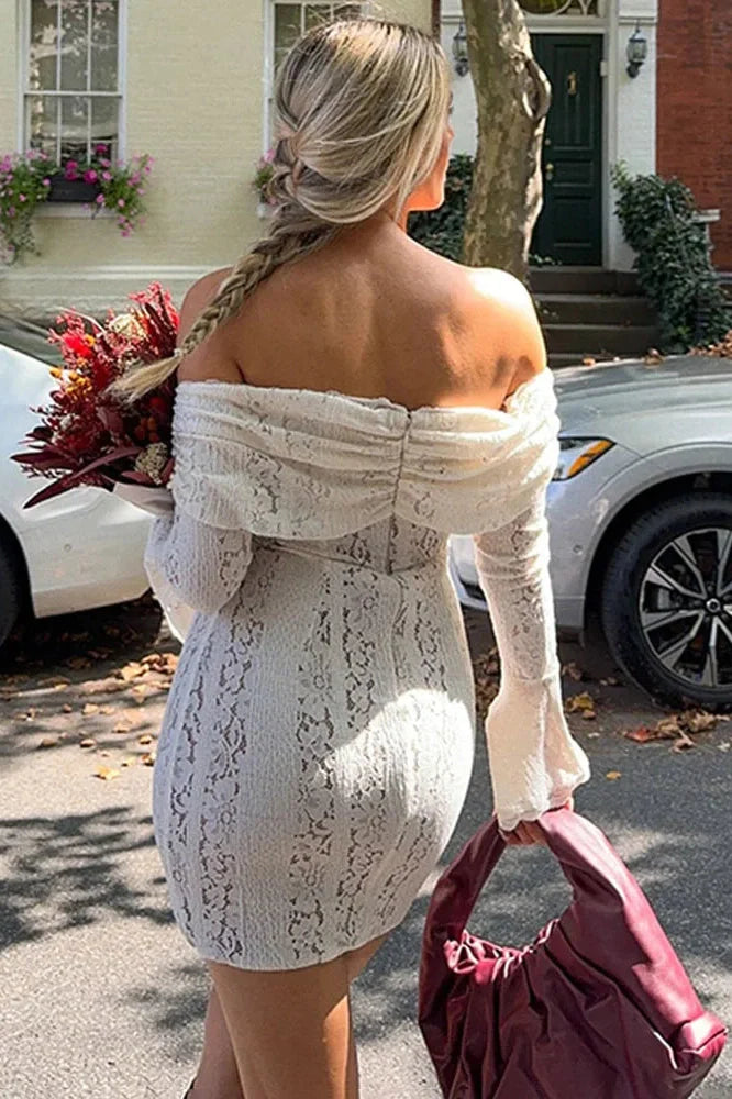 Lace Hollow Out Slim Off-Shoulder Long Sleeve Bodycon Mini Dress