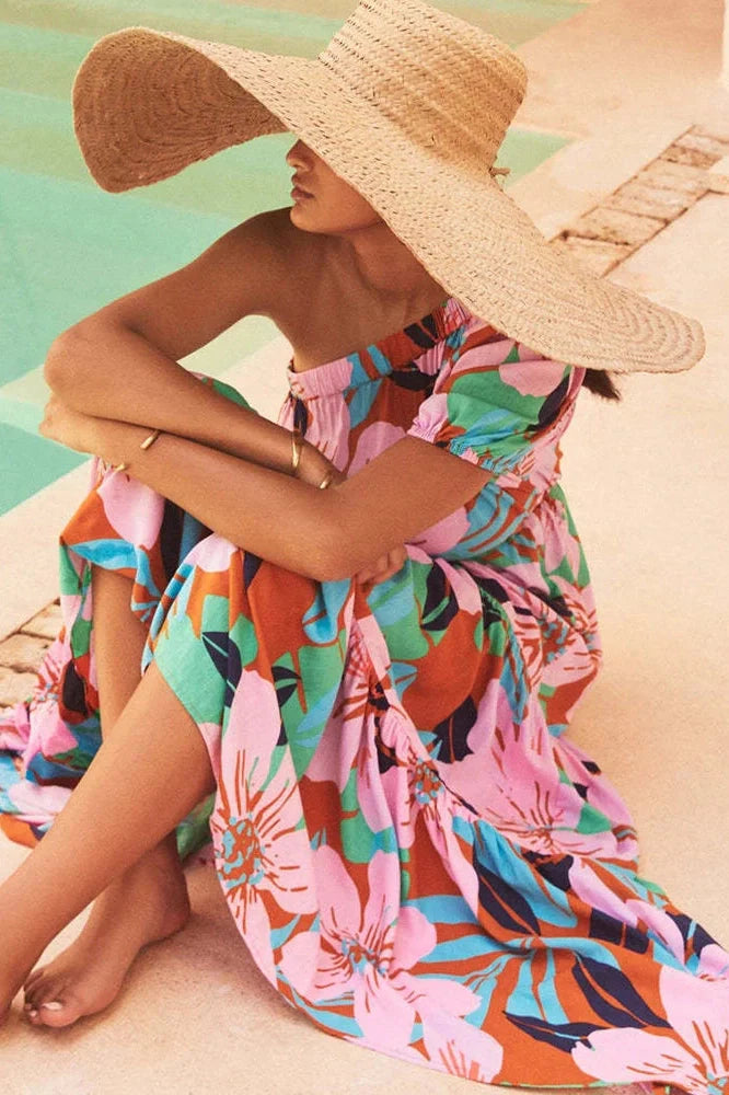 Printed High Waist Pleated One-Shoulder Sleeve Maxi Dress