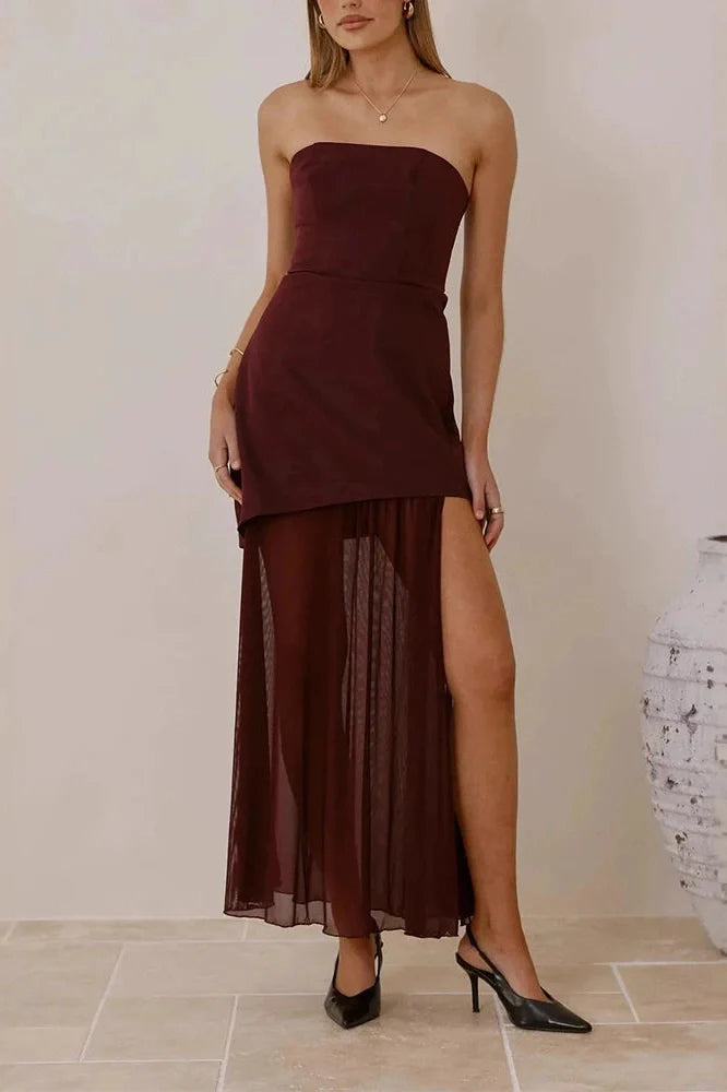 Off Shoulder High Waist Slim Sleeveless Pleated Maxi Dress