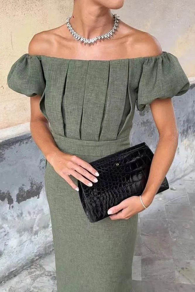 Elegant Slim High Waist Off-Shoulder Puff Sleeve Maxi Dress