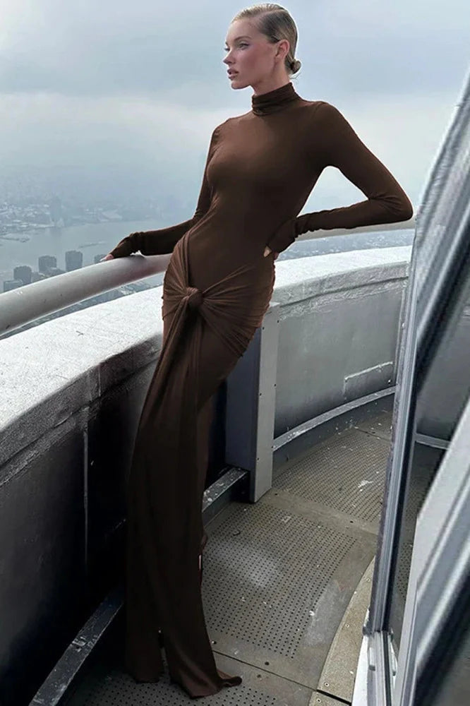 Elegant Turtleneck Long Sleeve Bodycon Maxi Dress
