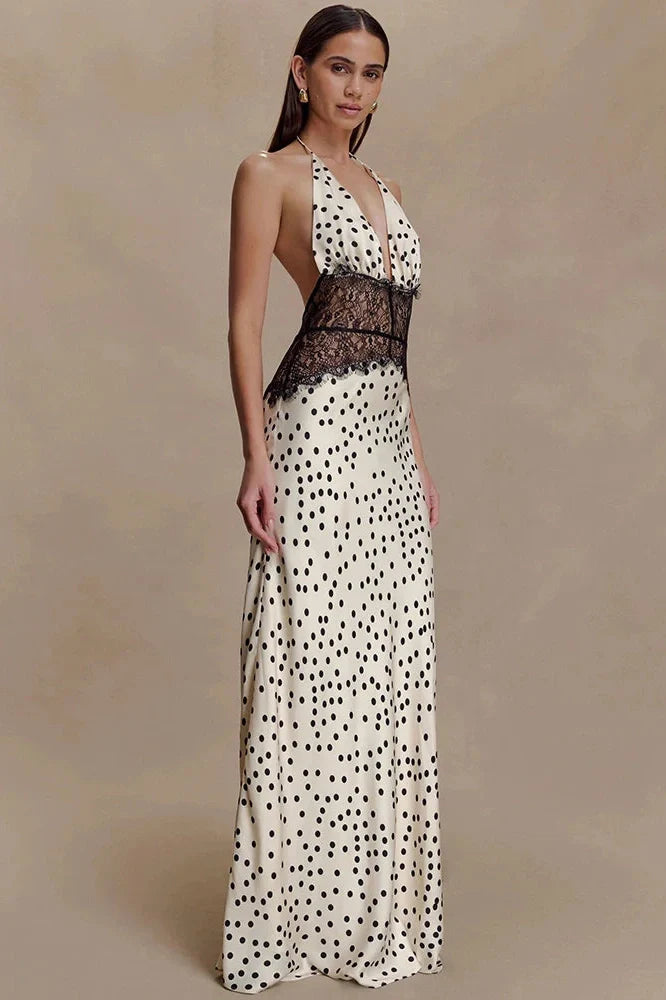 Polka Dot Backless Patchwork Lace Deep V Neck Sleeveless Bodycon Maxi Dress