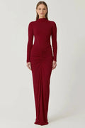 Pleated Patchwork High Waist Long Sleeve Slim Maxi Dress