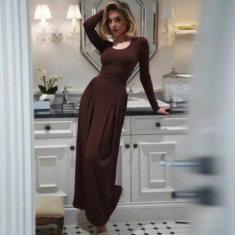 Elegant Square Neck Patchwork Long Sleeve Maxi Dress