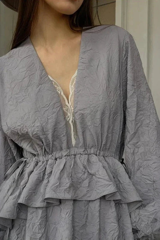 Lantern Sleeves Lace V-Neck Midi Dress