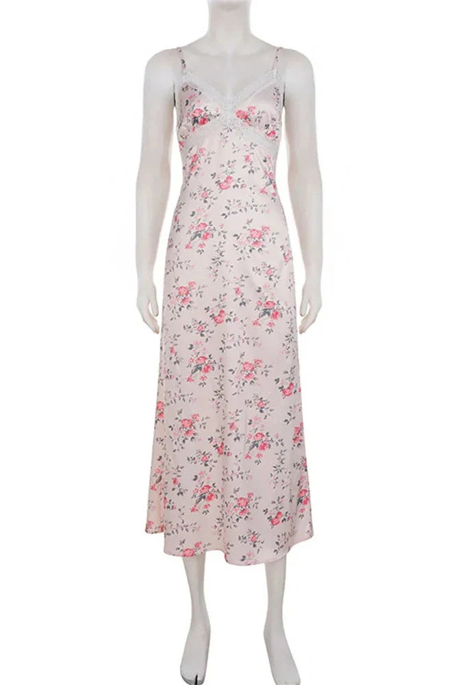 Lace Printed Backless High Waist Slim V-Neck Maxi Dress