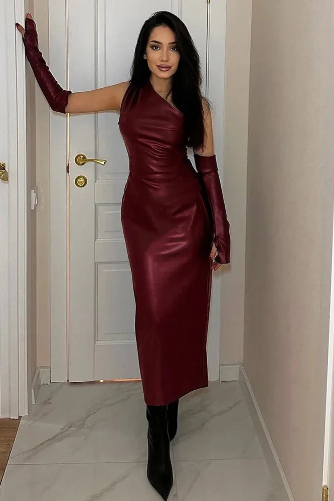 Elegant PU Leather Slim Backless Irregular Midi Dress