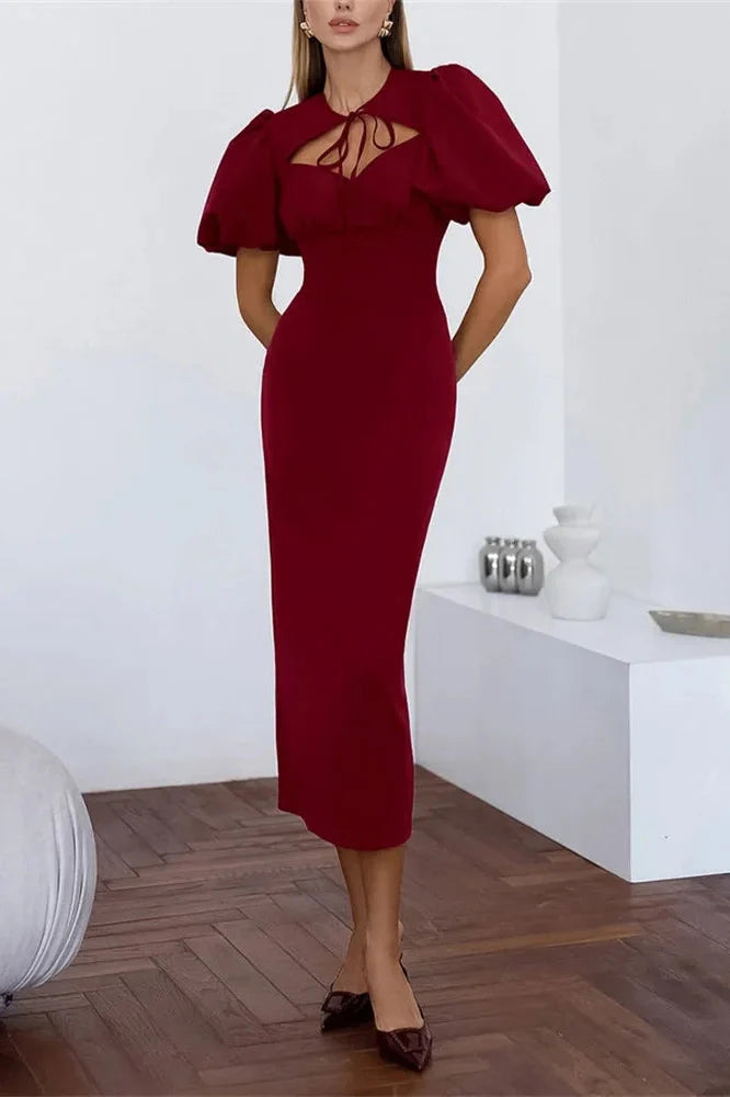 Lace-Up Slim Short Sleeve High Waist Patchwork Midi Dress