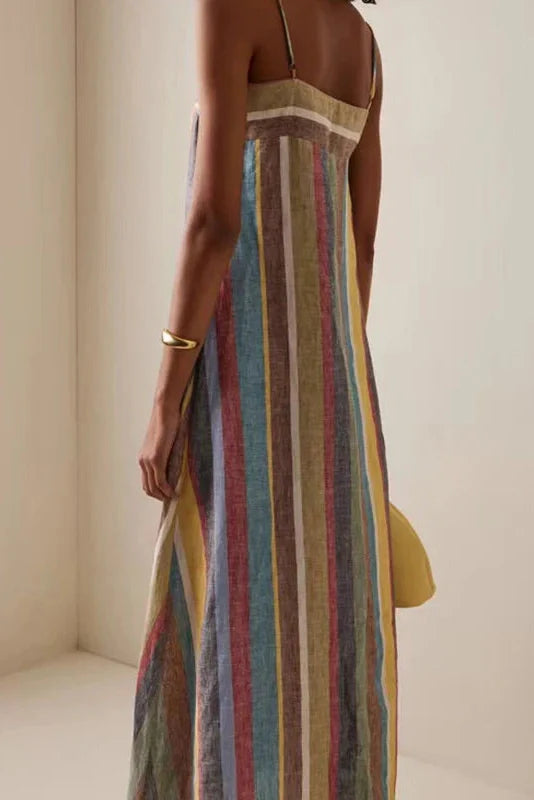 Striped Printed Backless Slash Neck Maxi Dress