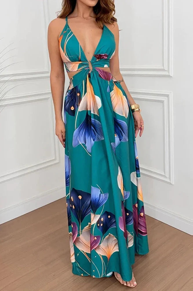 Hollow Out V-Neck Sleeveless Backless Pleated Printed Maxi Dress