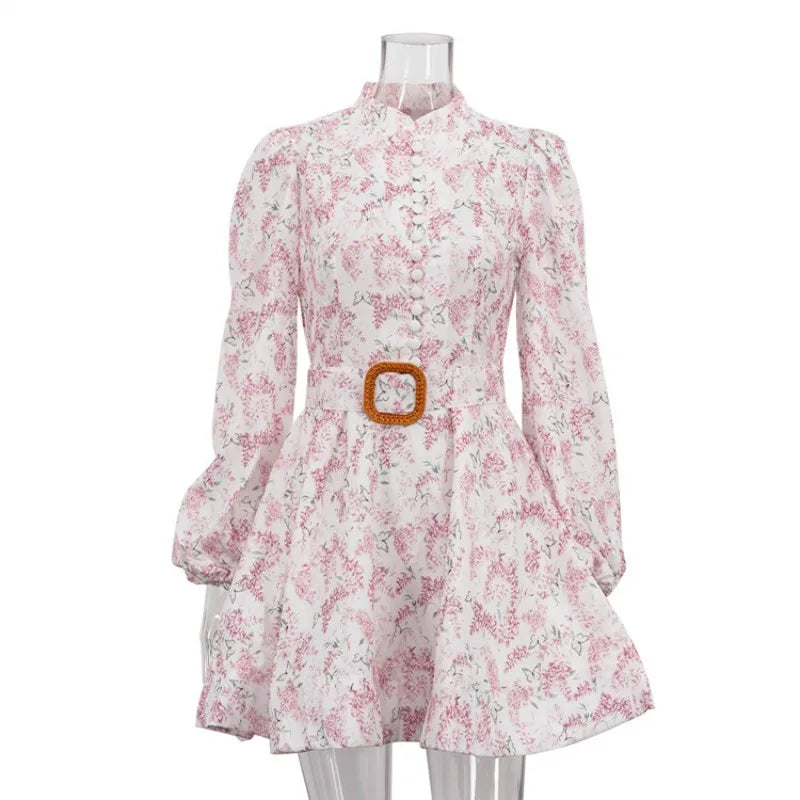 Stand Collar Printed Long Sleeve Single-Breasted Mini Dress