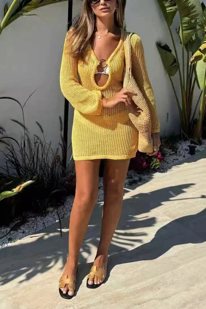 Elegant High Waist See-Through V-Neck Mesh Slim Mini Dress
