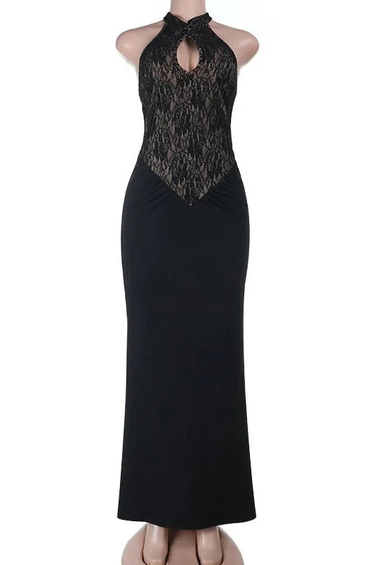 Hollow Out Lace Patchwork Slim High-Waisted Maxi Dress