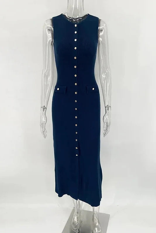 Elegant Sleeveless Single-Breasted Bodycon Knitted Midi Dress