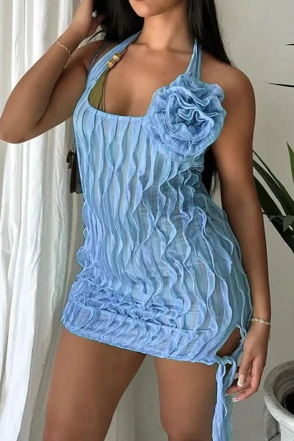 Elegant Pleated Mesh See-Through Slim Mini Dress