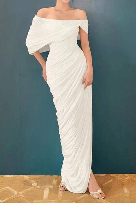 Pleated Off-Shoulder Slim Maxi Dress