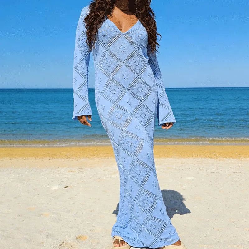 Elegant V-Neck Hollow Out See Through Maxi Dress