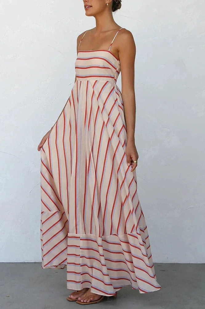 Stripe Printed Sleeveless Pleated High Waist Maxi Dress
