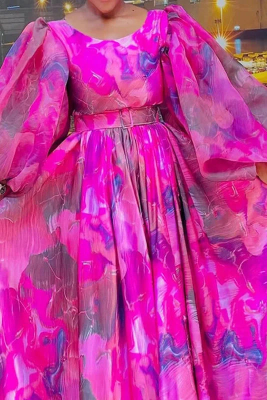 Square Collar Pleated High Waist Printed Long Sleeve Maxi Dress
